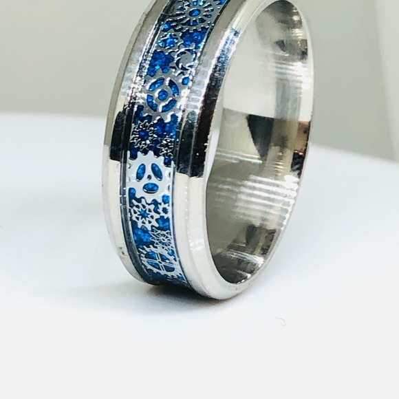 Stainless Steel Ring with Faux Opal Band And Gears - Picture 5 of 8